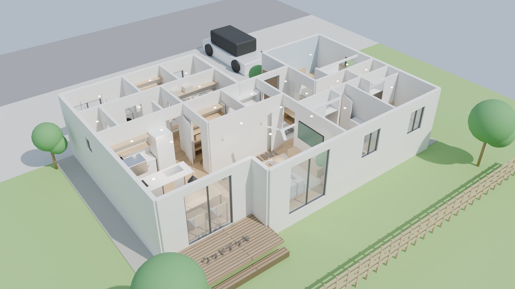 平屋4LDKの鳥瞰パース。屋根を外して間取り全体と家具配置を見せた3Dモデル。